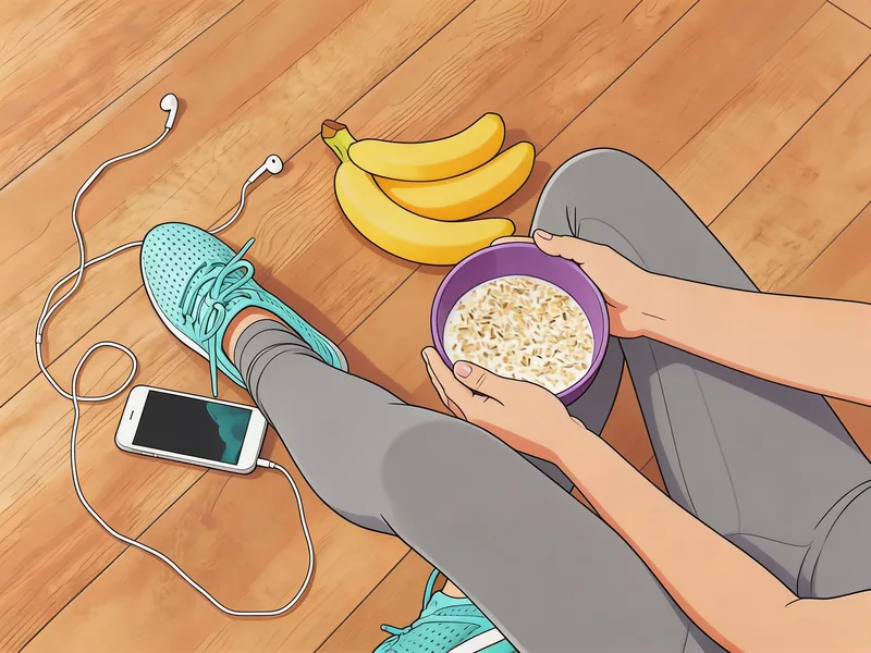 Ilustración de una deportista con un bol de avena y plátanos antes de entrenar